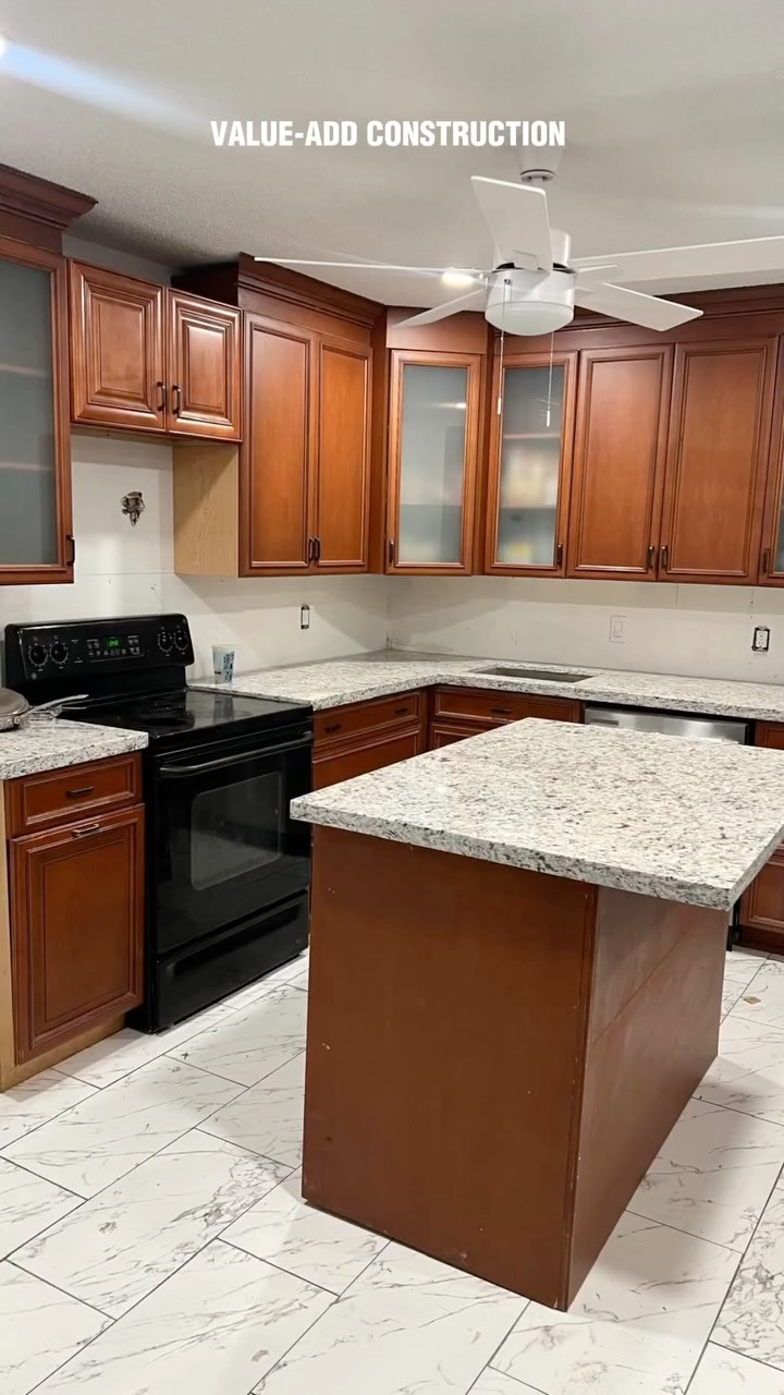 Granite island with full cabinet installation